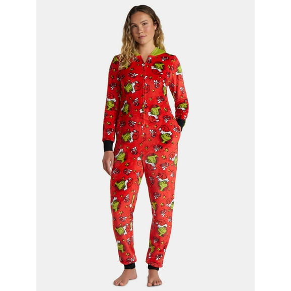 The Grinch Women’s and Women’s Plus Minky Union Suit Pajamas with Pockets, Sizes XS-3X