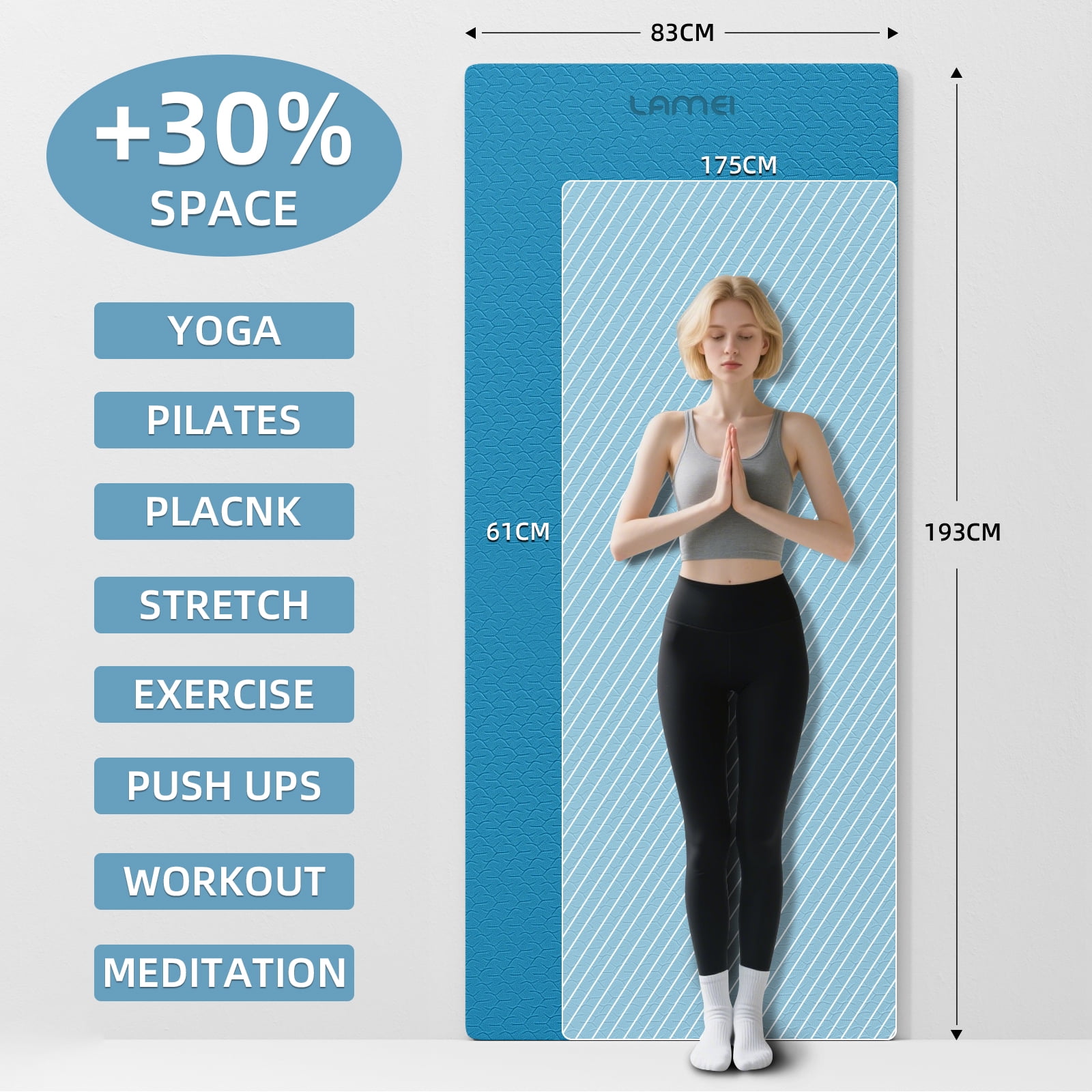 LAMEI Large Yoga Mat Thick Extra Wide And Long, Non-Slip TPE Exercise Mats For Home Workout, Straps For Carrying, Dual-Color in Blue/Black