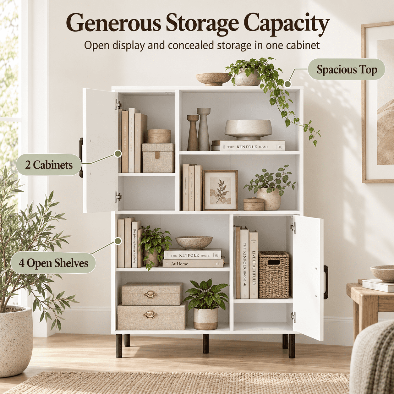 Furnibear 47 Inch Storage Cabinet Freestanding Bookcase Bookshelf with 2 Doors and 4 Open Shelves for Living Room Home Office Bedroom Kitchen Display Storage, White