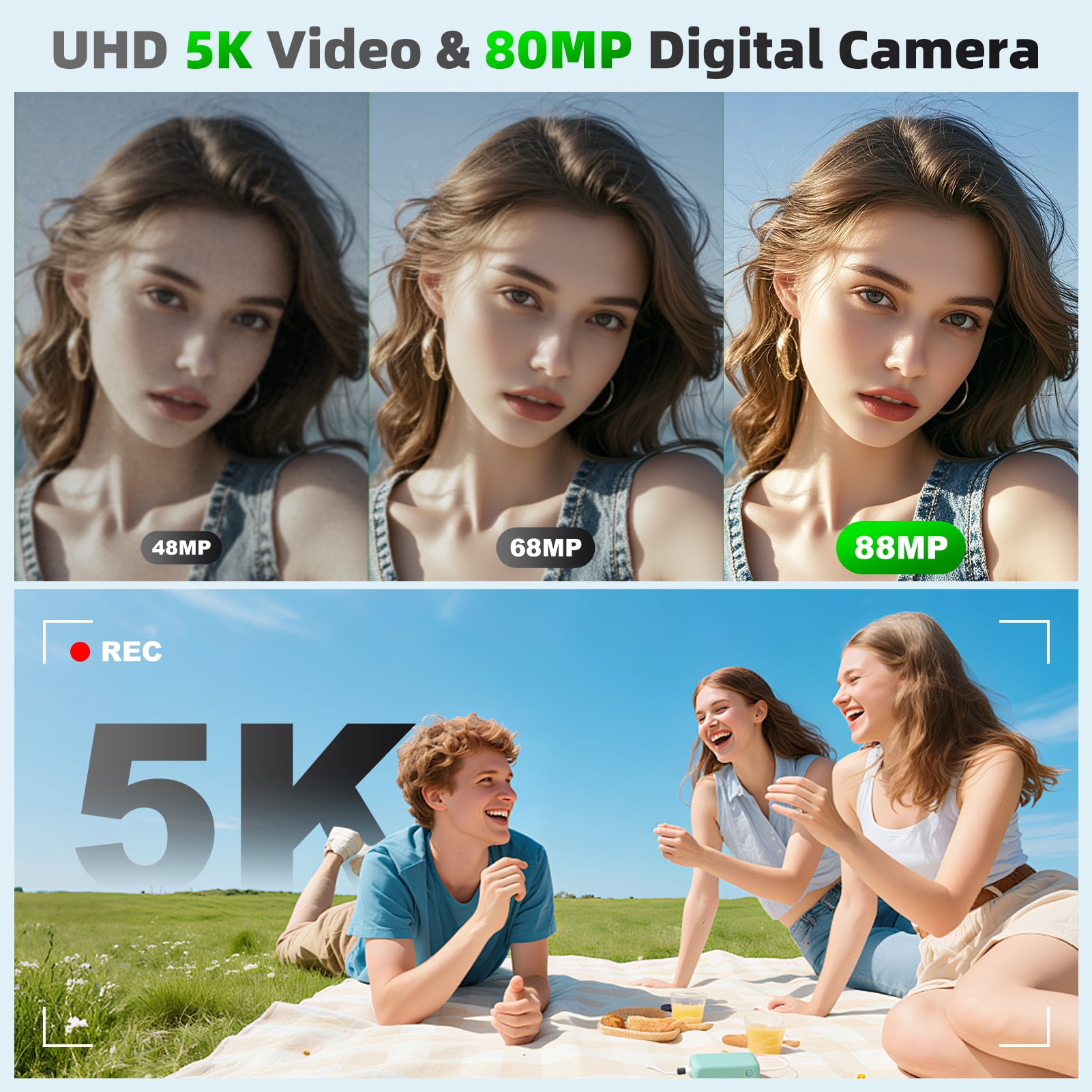 Digital Camera 5K 80MP 18X Zoom with Dual Screen Vlogging Camera, Autofocus WiFi Compact Camcorder Face Detection Beauty Mode for YouTube TikTok Content Creator 64GB Card & 2 Batteries Black