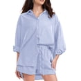 thumbnail image 5 of JULMCOMO 2 Piece Sets for Women Striped Button Down Long Sleeve Shirts Drawstring Wide Leg Summer Shorts Cruise Lounge Outfits Light Blue XL, 5 of 6
