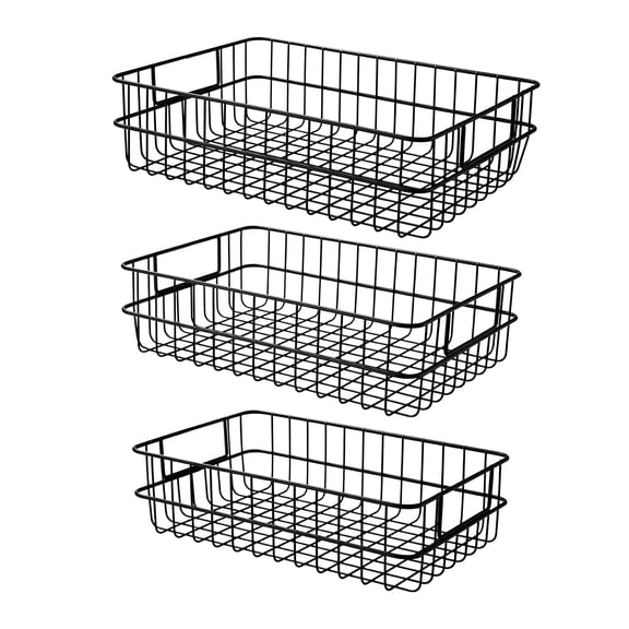 Wetheny 3 Pack Extra Large Wire Baskets with Metal Handles, Black Metal Storage Organizer Bins for Pantry, Cabinet, Fridge, Kitchen, Bathroom, Garage, Wardrobe (XXL XL L Baskt)