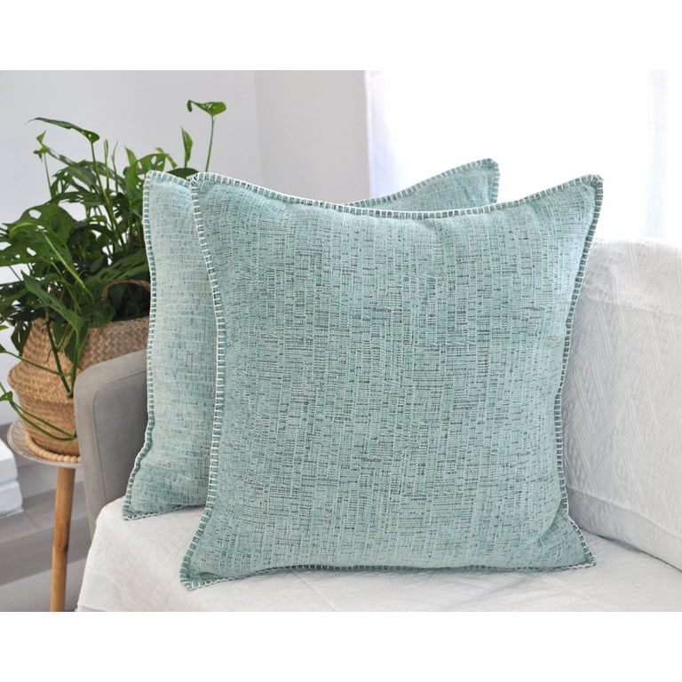 Farmhouse Throw Pillow Covers with Stitched Edges (Light Turquoise
