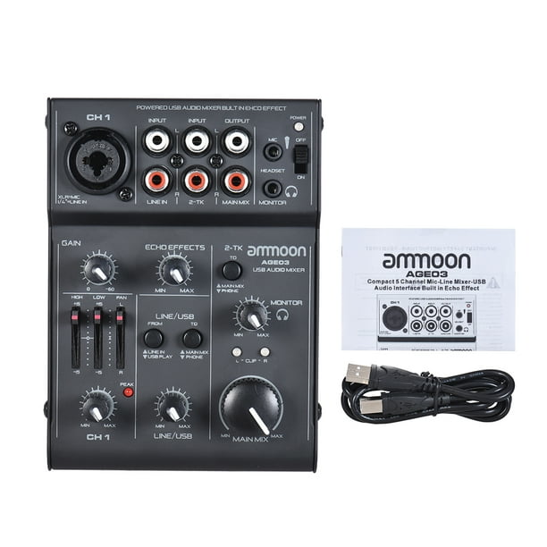 ammoon AGE03 Mélangeur à console de mixage micro-ligne à 5 canaux mini avec  interface audio USB Effet écho intégré USB alimenté pour l'enregistrement  DJ Network Live Broadcast Karaoke 