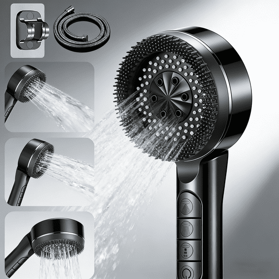 DLD High Pressure 4-Mode Handheld Shower Head with Pause Switch, 1.5m Hose and Holder, Grey