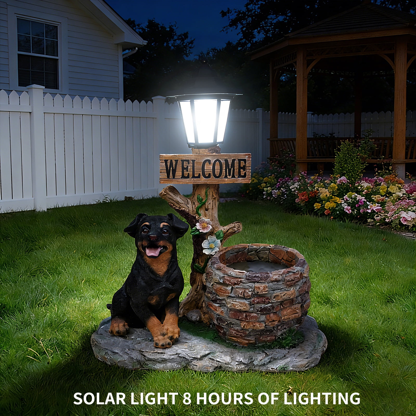 Aukfa Cute Puppy Dog Planter Statue with WELCOME Sign & Solar Figurines Light, Outdoor Garden & Entryway Accent