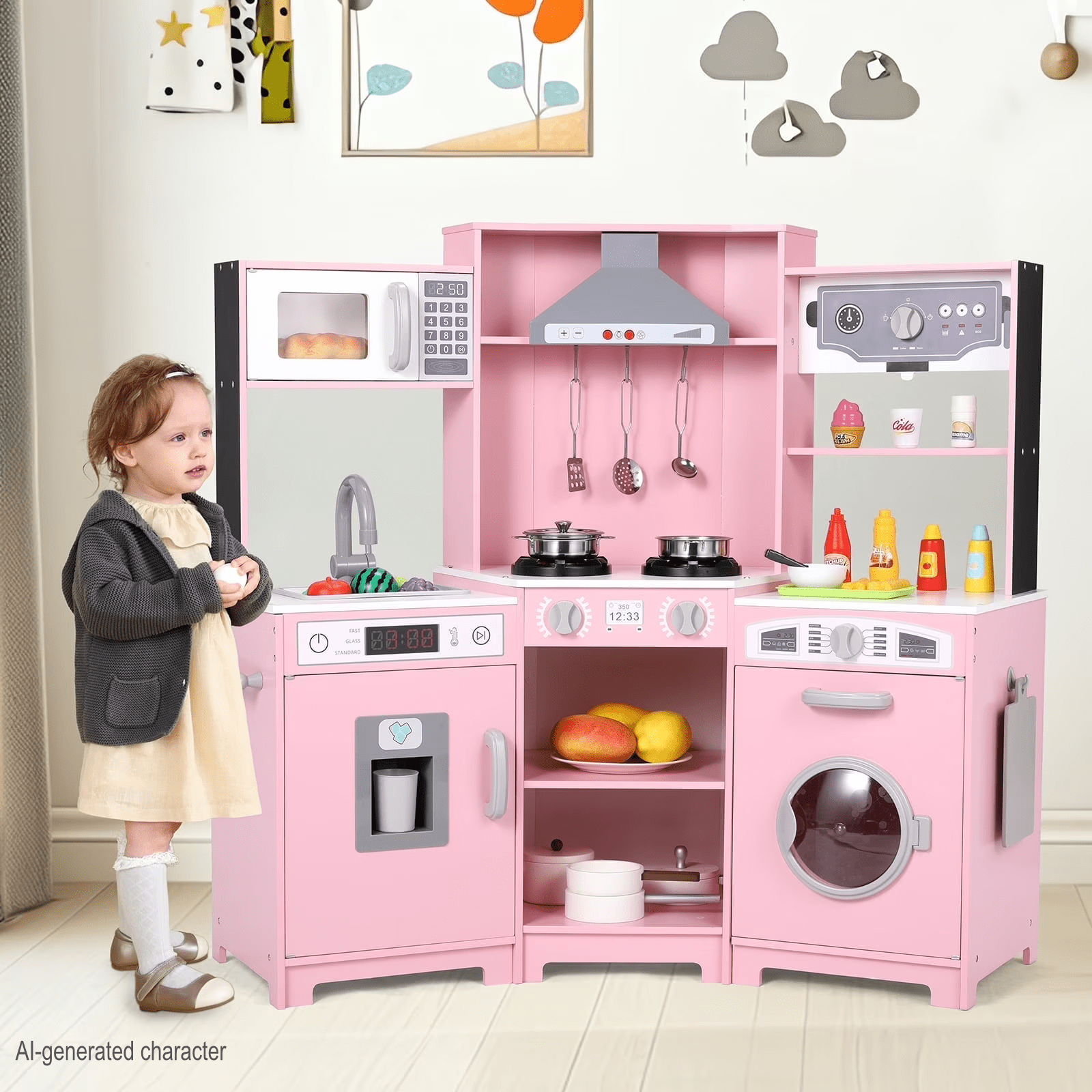 LAZY BUDDY Wooden Corner Play Kitchen Set, Kids Cooking Playset Toddler Pretend Interactive Toy with Realistic Sound & Light