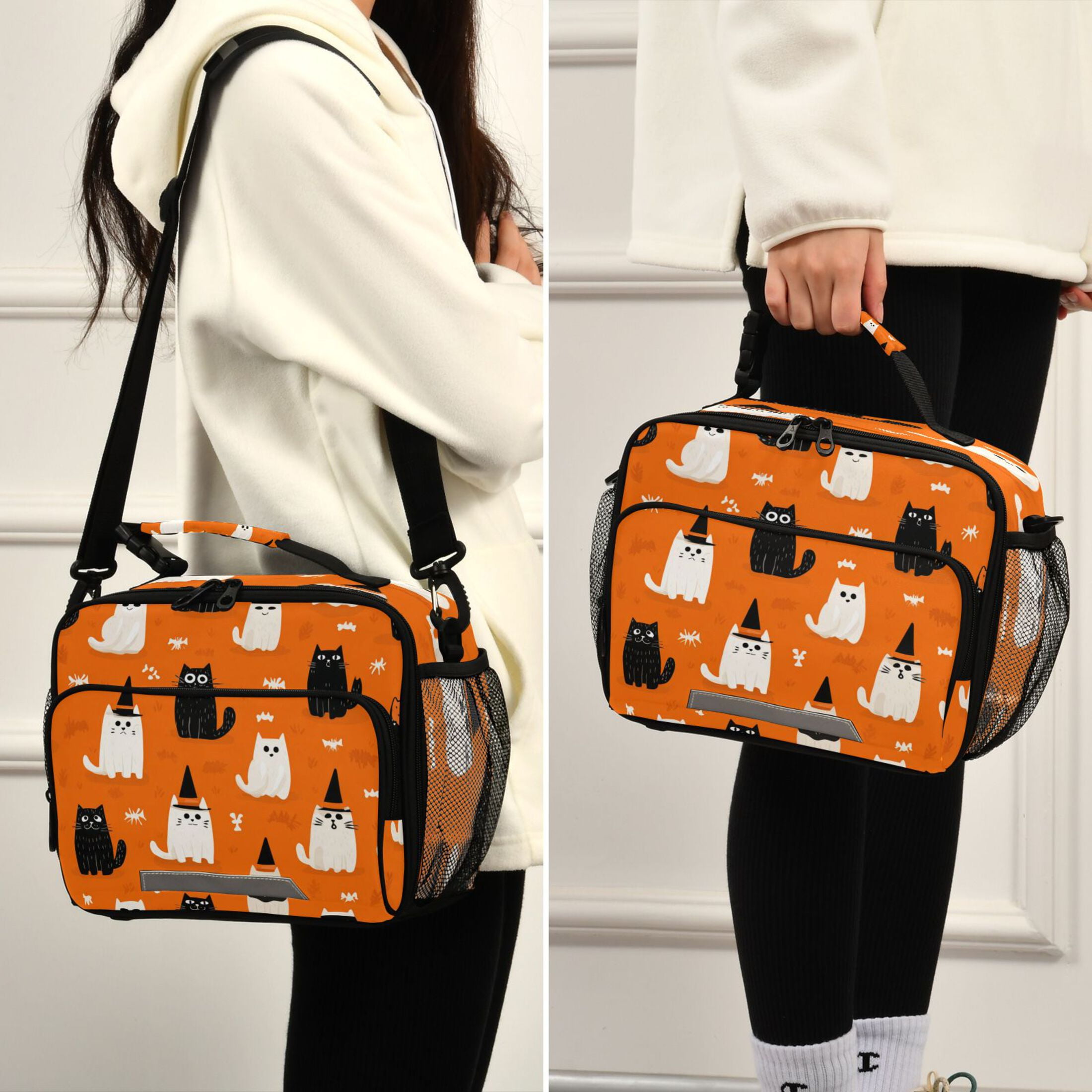 Insulated Lunch Bag 6L Leak-Proof Lunch Box with Shoulder Strap Multiple Pockets Lunch Tote Black Cat and White Cat