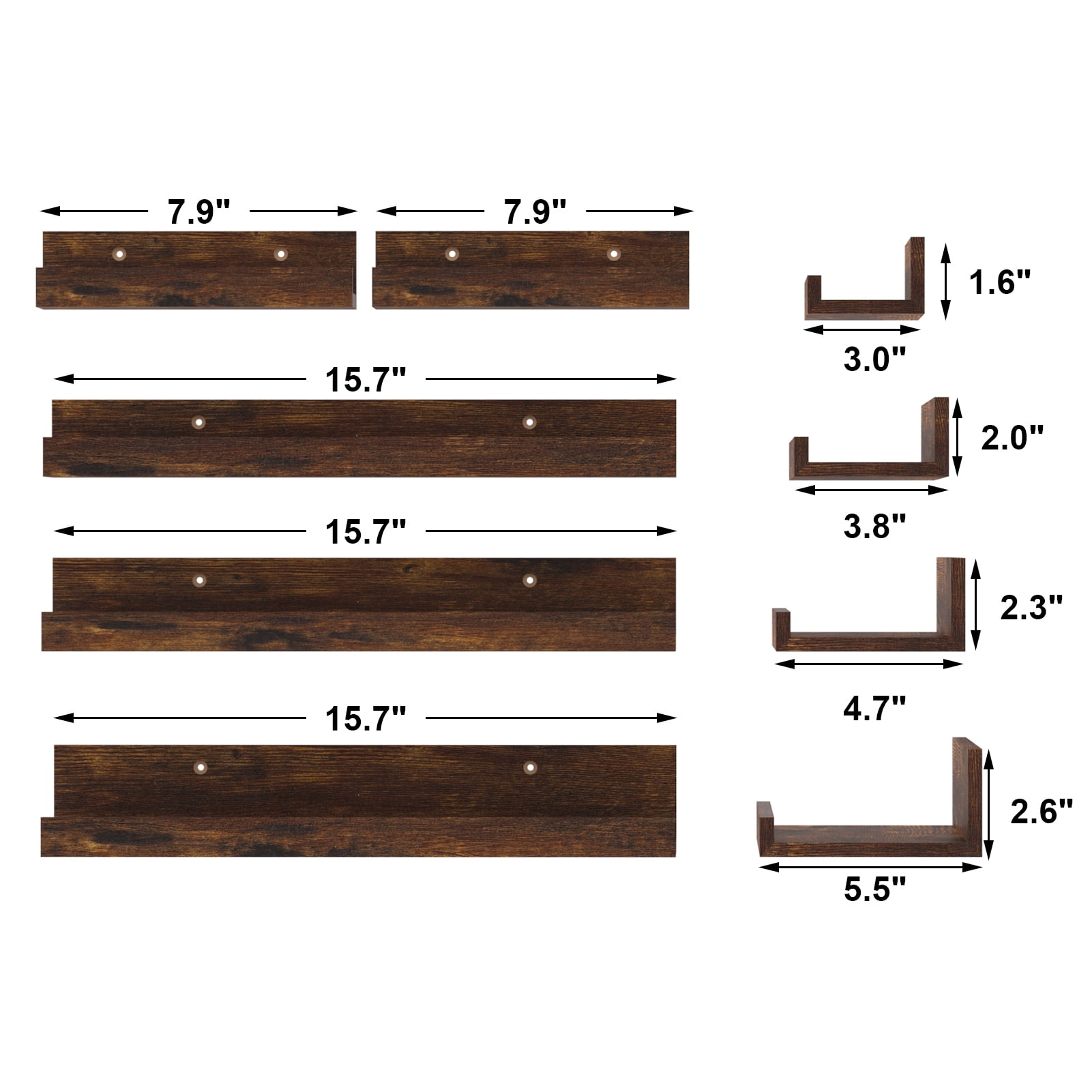 Floating Wall Mounted Shelves Set of 5, Rustic Small Picture Ledge for Bathroom, Bedroom, Kitchen, Living Room Storage and Decoration, Brown