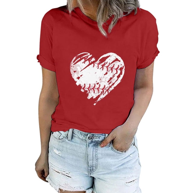 T-Shirt à Manches Courtes pour Femmes Femmes Liquidation T-Shirt en Chiffon pour Femmes T-Shirt de Baseball pour Femmes Amour Classique Col Rond Décontracté T-Shirt de Baseball à Manches Courtes