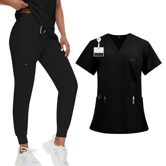 DENGDENG Scrub Suit Women Set Soft and Stretchy Nurse Uniform V Neck Short Sleeve Scrub Top & Straight Leg Jogger Pants Work Nursing Trendy Scrub Suit with Multi Pocket,Black L