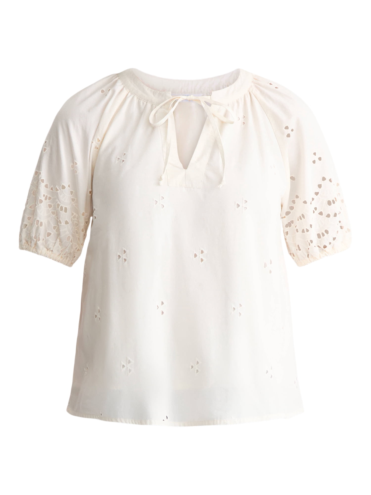 Time and Tru Women's Eyelet Top with Puff Sleeves, Sizes XS-XXXL