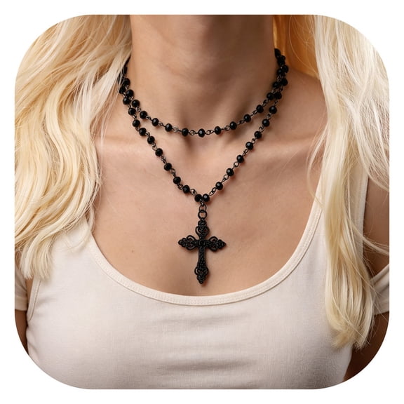 Gothic Layered Cross Choker Necklace, Black Bead Cross Choker, Gothic Emo Grunge Necklace, Costume Jewelry, Halloween Christmas Jewelry Gift for Women
