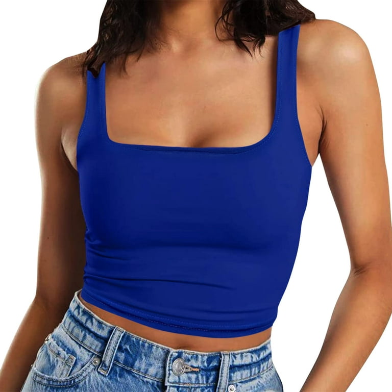 MRULIC tank top for women Women's Sleeveless Strappy Tank O Neck Double  Layer Workout Fitness Casual Crop Tops Womens tank tops Blue + L