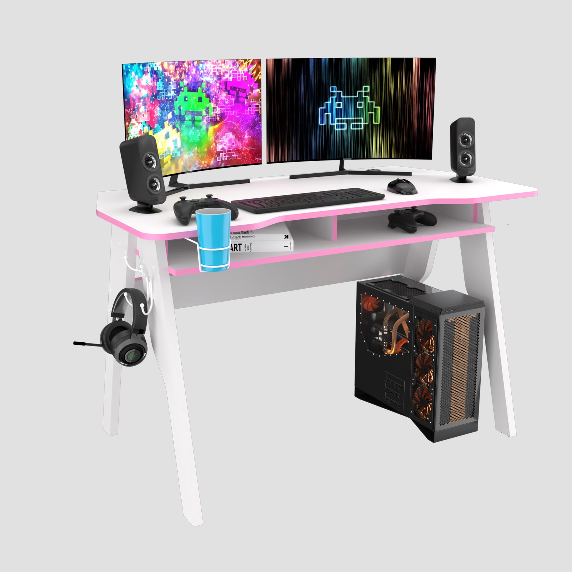 Inval Modern Gaming Desk with Cup Holder and Coat Hook White for Adult and Teen