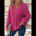 thumbnail image 4 of Sudadera con Capucha para Mujer, de Punto Gofre, Larga, Cordón Ajustable, Botones, Cuello en V, Informal, con Capucha Rosa Roja M, 4 of 8