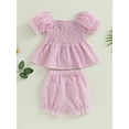 thumbnail image 4 of Wassery Infant Baby Girl Summer Outfit Stripe Short Puff Sleeve Ruched Dress Tops Elastic Waist Shorts 2Pcs 6M 9M 12M 18M 24M 3T Toddler Clothes Set, 4 of 9