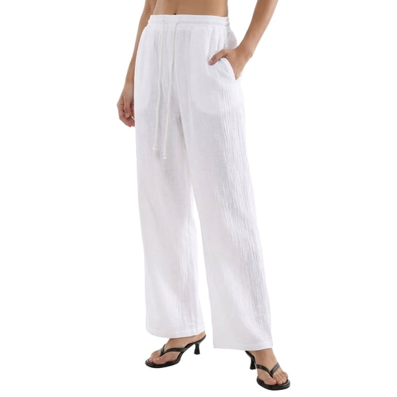 Amazhiyu Women's 100% Cotton Wide Leg Pants Loose Fit with Pockets Elastic Waistband Casual Summer Trousers