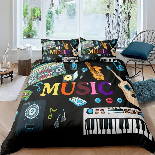 Housse de Couette Rock Musique Très Grand Ensemble de Literie Jazz Musique pour Adolescents Housse de Couette Graffiti Hip Hop Notes de Musique Polyester