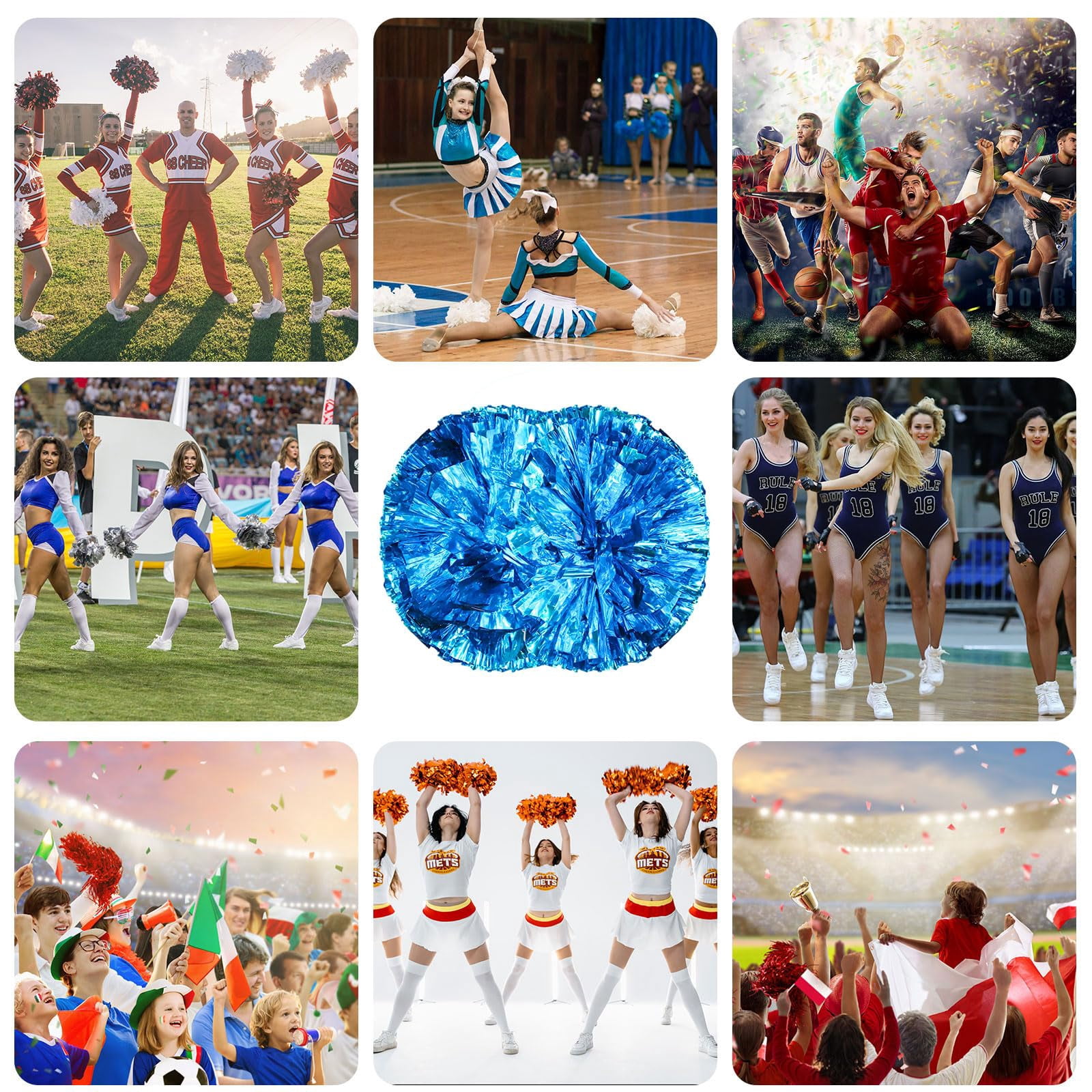 Pom Poms Cheer 14 Pcs with Handle, Cheerleading Handheld Squad Pompoms for Sports Team Spirit Games Dance Party Adults