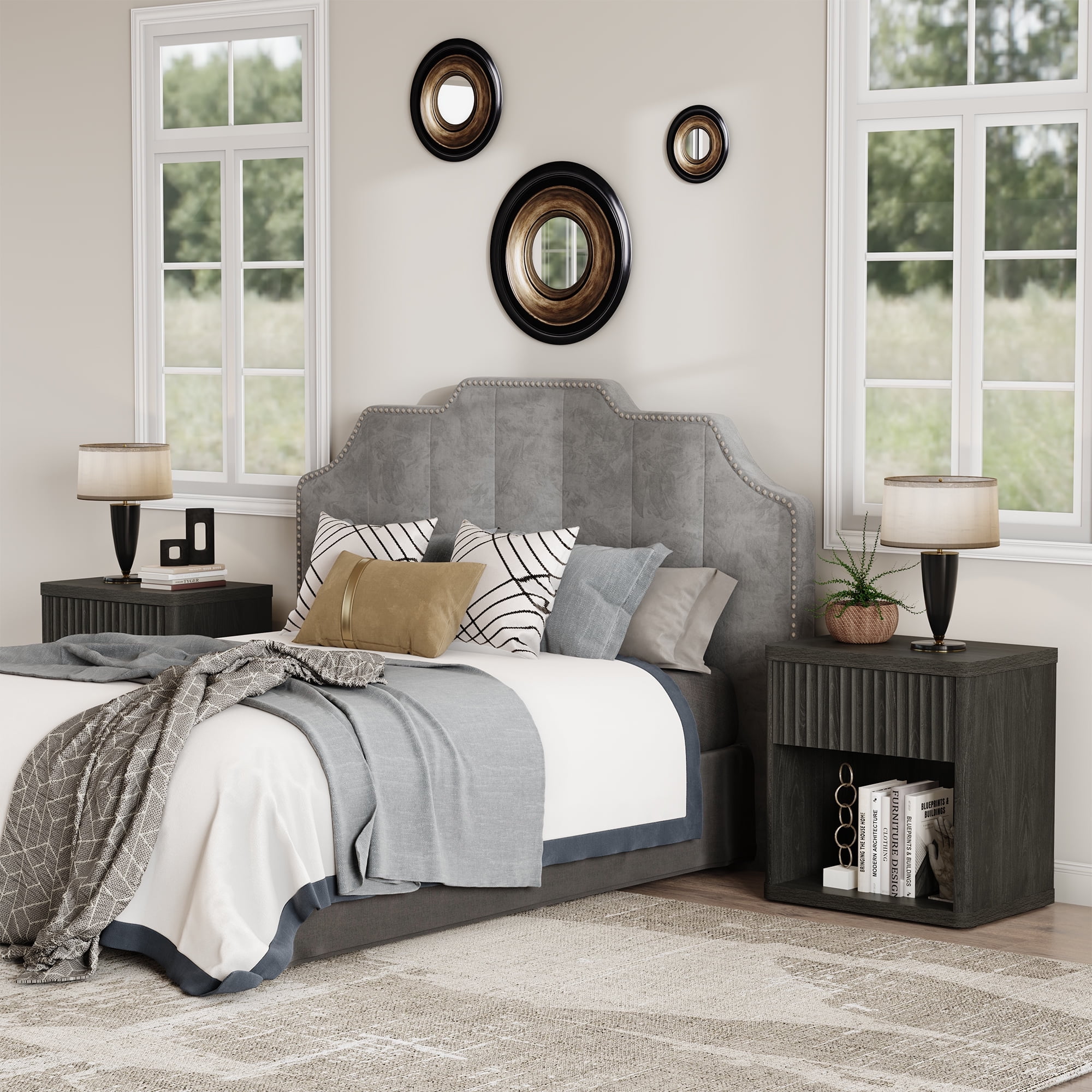 SICOTAS Fluted Nightstands for Bedroom, Farmhouse Bedside Tables with Drawer & Open Shelf,  Wood End Table for Living Room in Black