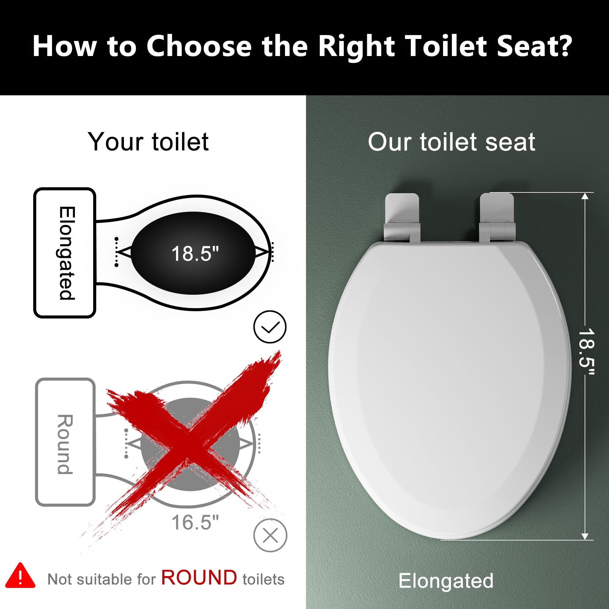 Angol Shiold Wood Toilet Seat with Non-Slip Adjustable Hinges, Quiet-Close ( White, Elongated 18.5'' )