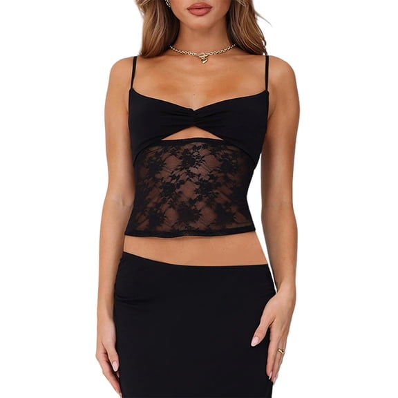 Lace Tops for Women Camis Going Out Tank Crop Y2K Fashion Top Trendy Black S