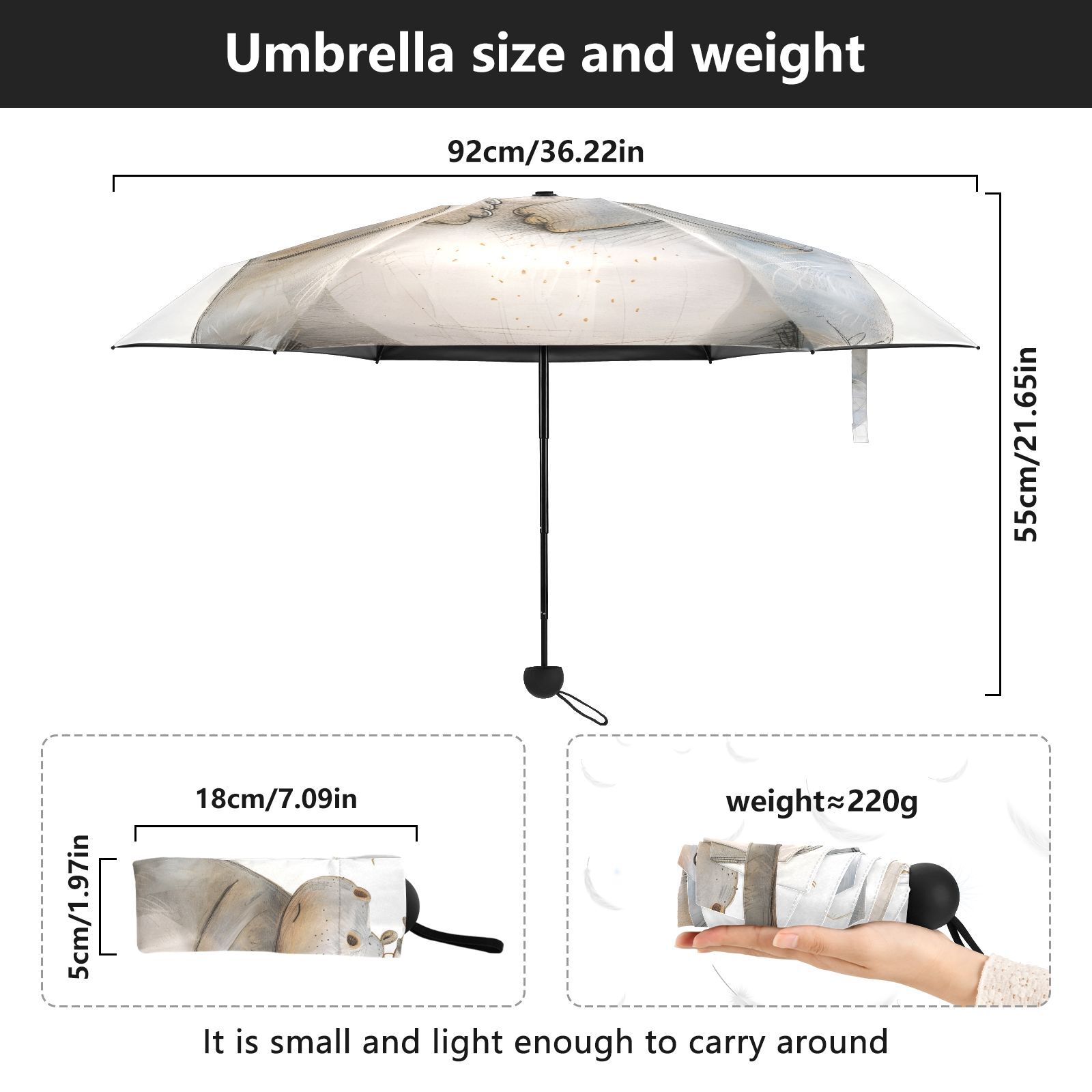 JSTEL Hippo Hippopotamus and Bird Folding Umbrella for Rain Sun Travel Mini Lightweight Compact Umbrellas