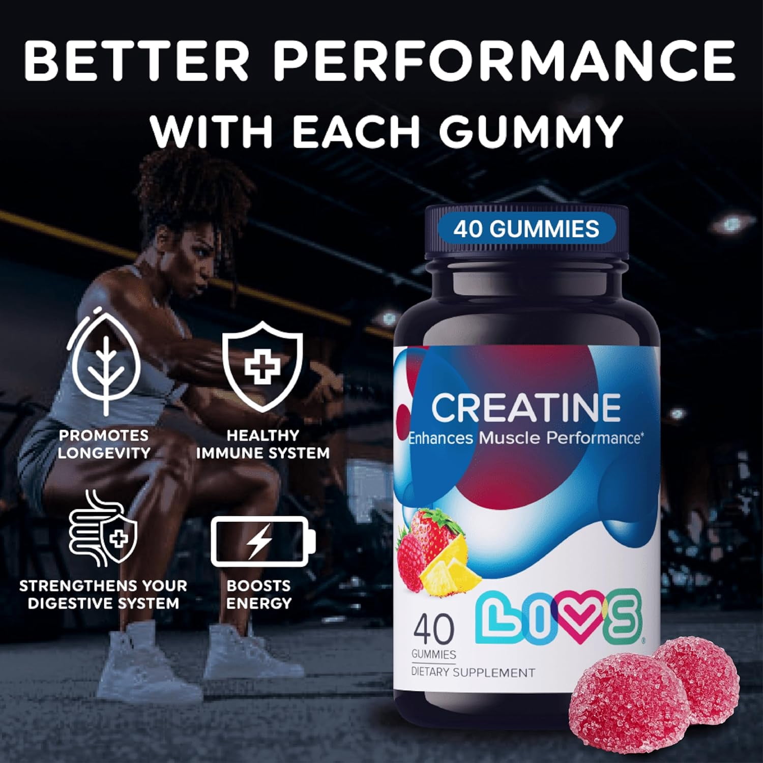 LIVS Creatine Monohydrate Gummies – Pre Workout Creatine for Women & Men | Tasty Gummy Vitamins for Energy, Strength & Muscle | Sugar Free, Gluten Free, Vegan Creatine Supplement for Gym – 80 Count