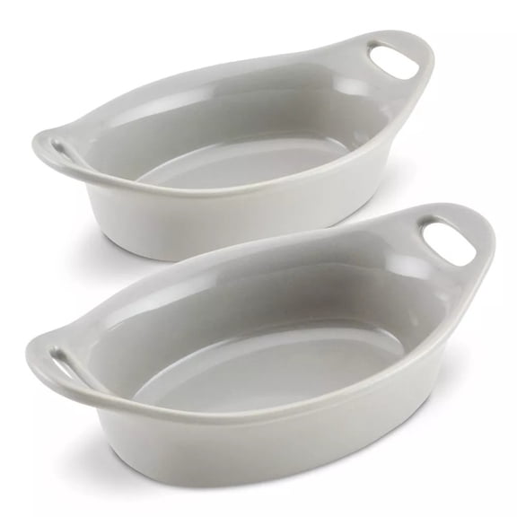 Solid Glaze Ceramic 2pc Oval Au Gratin Set Light Sea Salt Gray: Heat-Resistant Baking Dishes, Microwave & Dishwasher Safe