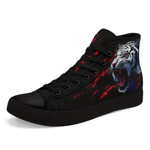 Coolcustomize Men's Plus Size Gothic High-top Sneakers with Tiger Print - Punk Style Lace-Up Trainers, Casual Streetwear Shoes, Black with Red Accents, Edgy Casual Boots | Bold Graphic Shoes