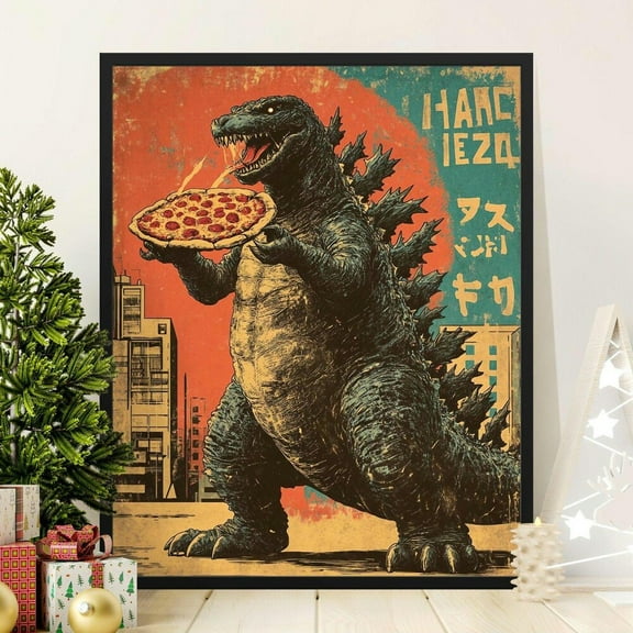 Retro Godzilla Pizza Poster, Japanese Urban Art Print, Sci-Fi Kaiju Wall Decor, Vintage Pop Culture Design, Unique Movie Poster, 8x12