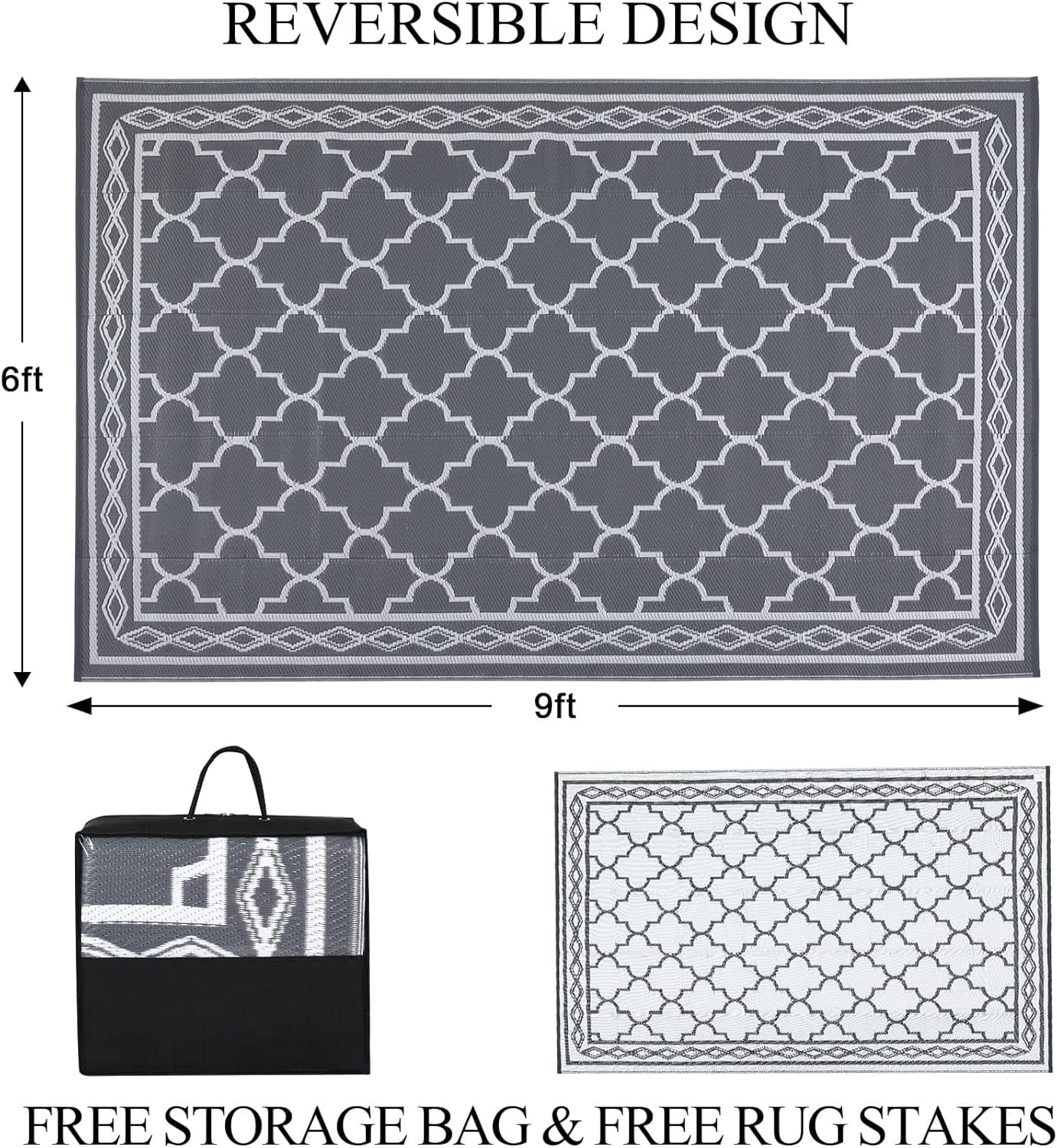 Memoryfield Outdoor Rug 10x14ft for Patios, Plastic Straw Rug Outside Carpet Mats for Picnic, Backyard, Deck, Balcony, Porch, Beach, Gray & White