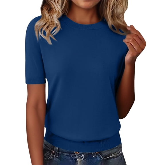 ManxiVoo Women's Lightweight Top Knit Short Sleeve Crewneck Pullover Soft Layering Thin Sweater L Size Blue
