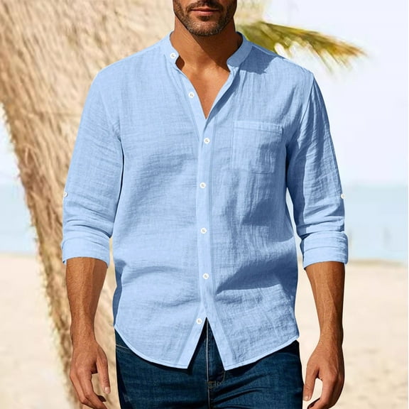 Long Sleeve Linen Shirts for Men Casual Button Up Sun Shirt Regular Fit Vented Shirts Camisa Manga Larga Para Hombre