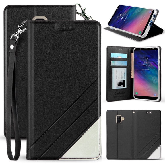 Case for Galaxy A6, [Black] Infolio Wallet Credit Card Slot ID Cover, View Stand [with Wrist Strap Lanyard] for Samsung Galaxy A6 Phone (2018, SM-A600)