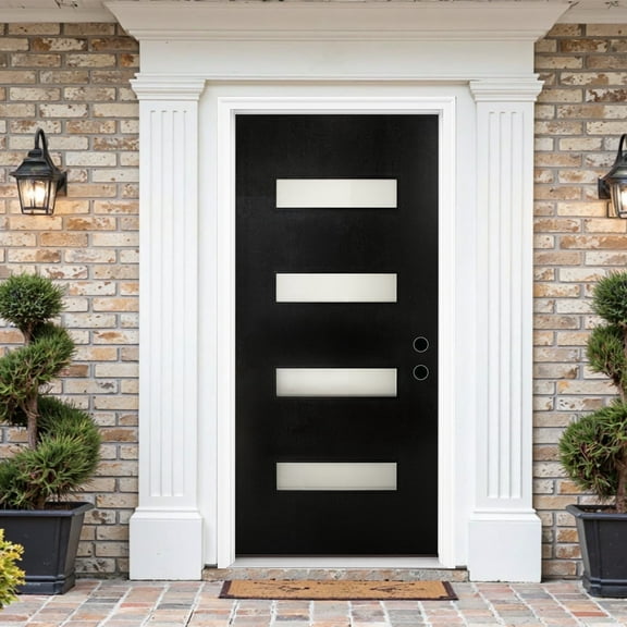 36x80 Mahogany Wood Grain Texture Fiberglass Front Door, Left Inswing, 4-Lite Frosted Glass, Modern Style with Vinyl Brickmould