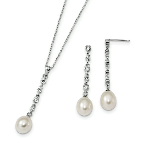 925 Sterling Silver 8 9mm Freshwater Cultured Pearl Cubic Zirconia Cz Earrings Necklace Set Drop Dangle Pendant Charm