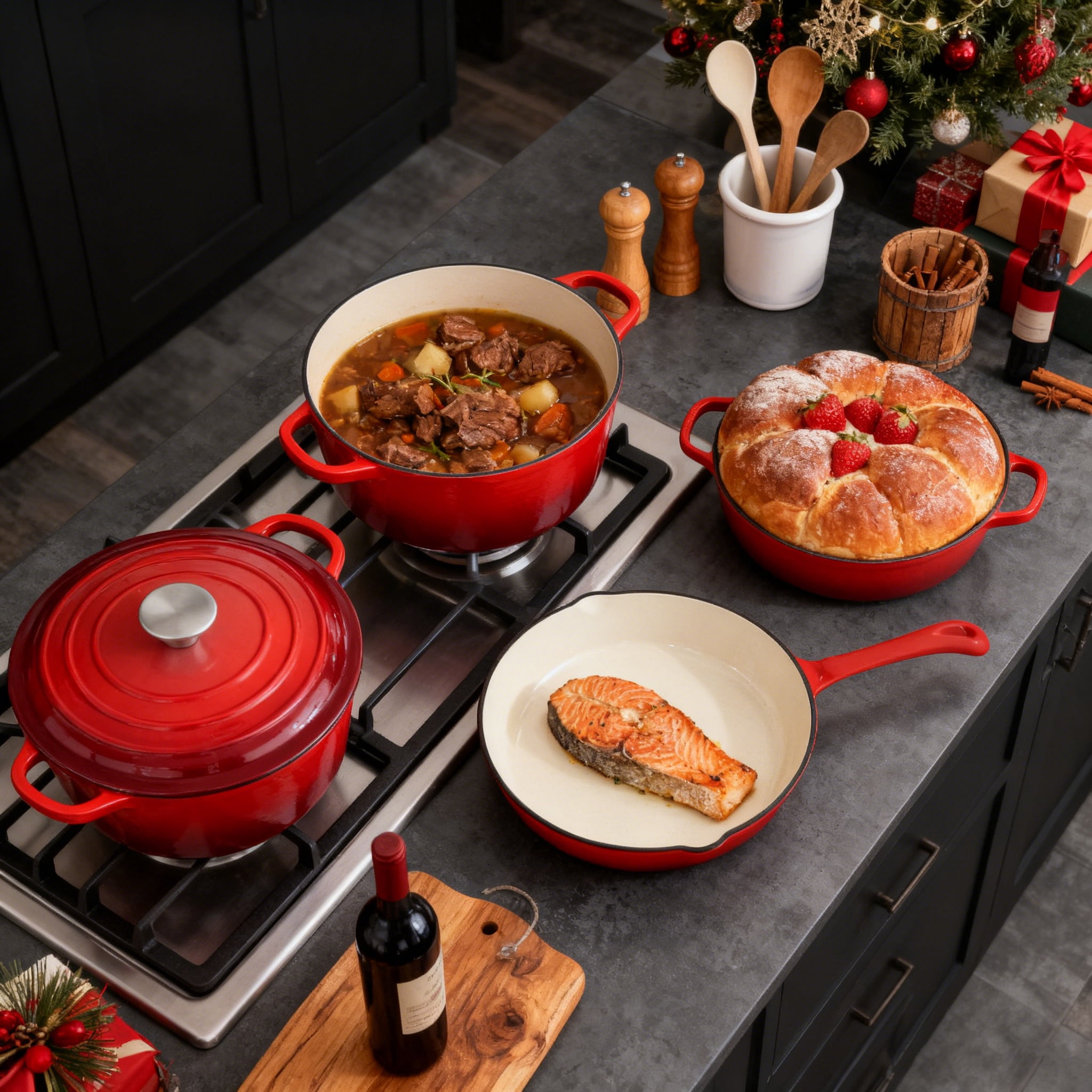 CAANNASWEIS 7 Piece Cast Iron Cookware Set, Pre-Seasoned Heavy Duty Pots and Pans Collection for Home Kitchen, Induction Compatible