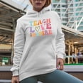 thumbnail image 2 of Teach, Love, Inspire, School, Back-To-School or Teaching Themed, Groovy Retro Wavy Text Merch Gift, White Hooded Sweatshirt or Hoodie, Small, 2 of 5
