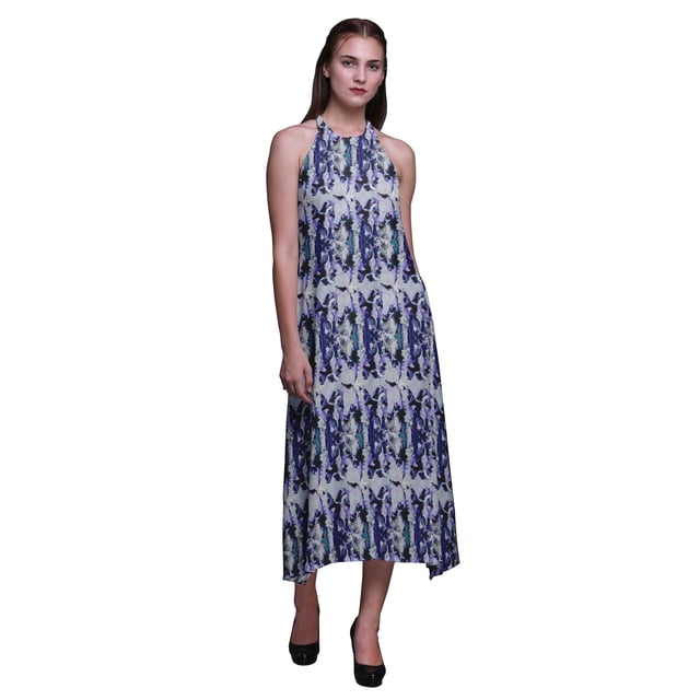Bimba Robe de Plage d'Été pour Femmes, Dos Nu, Col Licou, Imprimée Teinture sur Nœuds - Petit