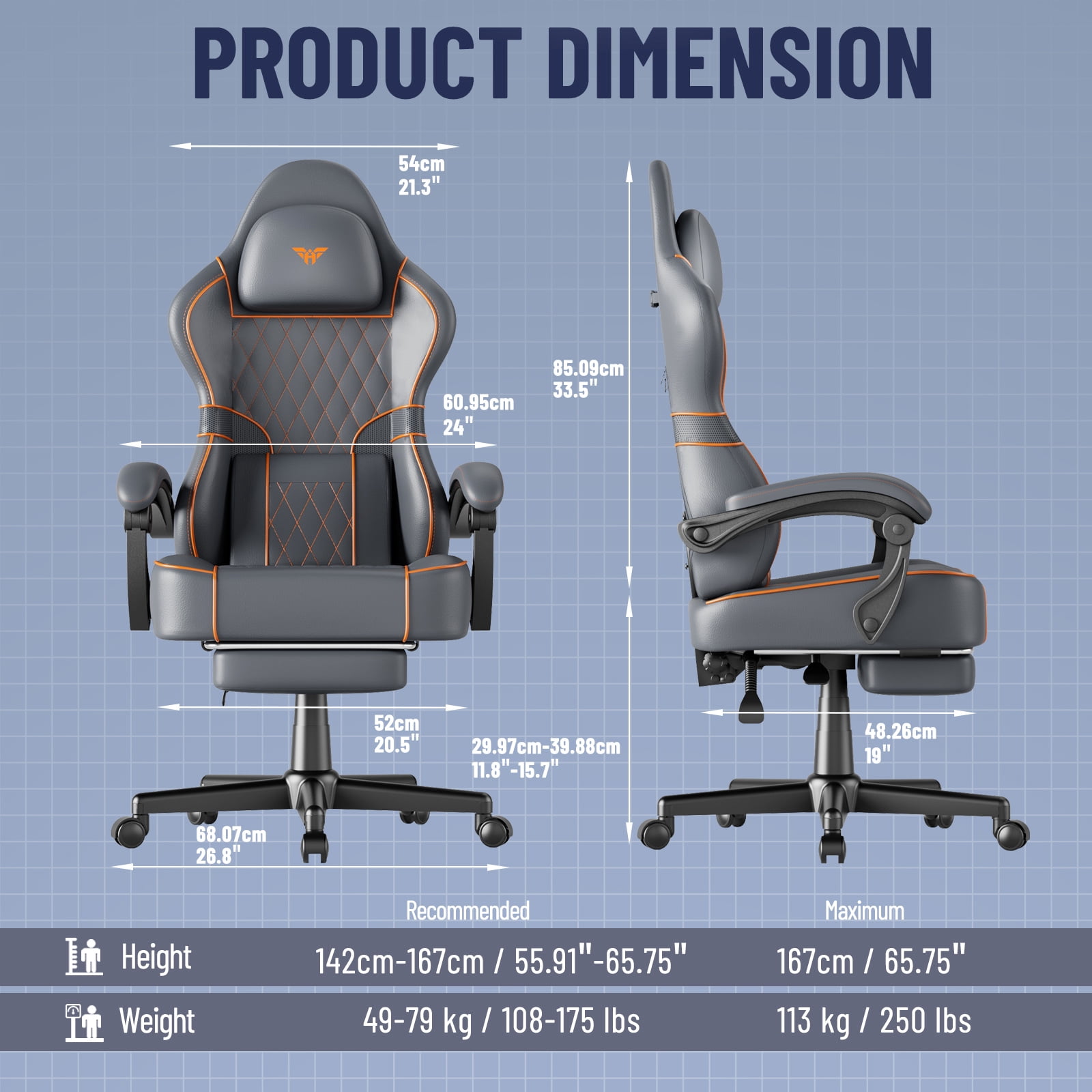 SOONTRANS Gaming Chair with Footrest, PU Leather High Back Comfortable Video Game Chair with Footrest Massage Lumbar Cushion, Racing Office Computer Desk Chair, Ergonomic Gamer Chair for Adult, Grey