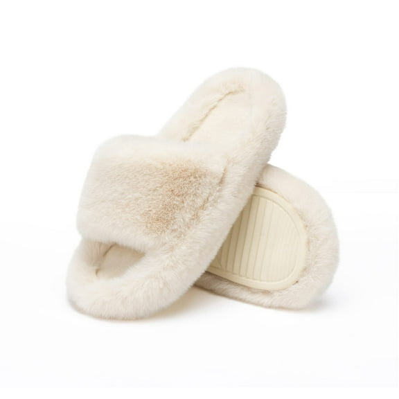 Women's Slippers Memory Foam House Bedroom Slippers for Women Fuzzy Plush Comfy Faux Fur Lined Slide Shoes Anti-Skid Sole Trendy Gift Slippers Beige Size7 8 6.5