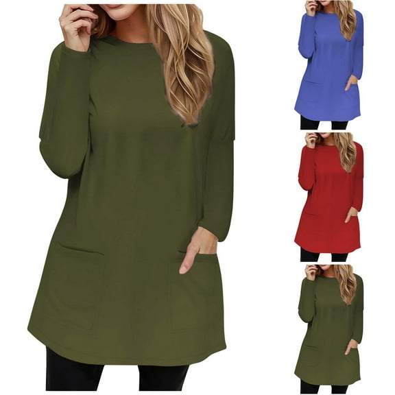 ATOYSOY Women's Crew Neck Sweatshirts Loose Tops with Pockets Long Sleeve Shirts Winter Solid Color Pullover Spring Fashion Workout Casual Blouse Dressy Tunic Green L
