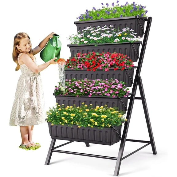 SEJOV 4FT Vertical Raised Garden Bed, 5 Tiers Elevated Planter Box for Herbs Vegetables Flowers, Graden Vertical Planter with Drainage System for Patio Balcony Garden Outdoor Indoor Plants (Black)