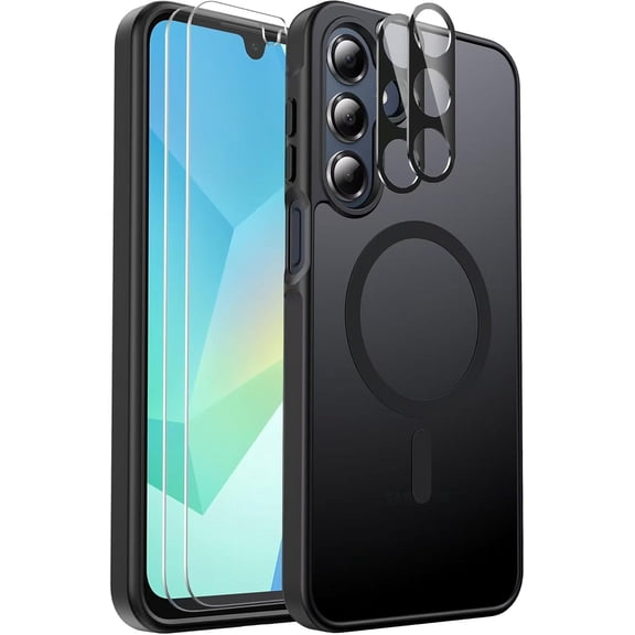 for Samsung Galaxy A16 5G Phone Case Magnetic Shockproof, [Fit for MagSafe] [Glass Screen Protector   Camera Lens Protector] Translucent Anti-Fingerprint (Black)