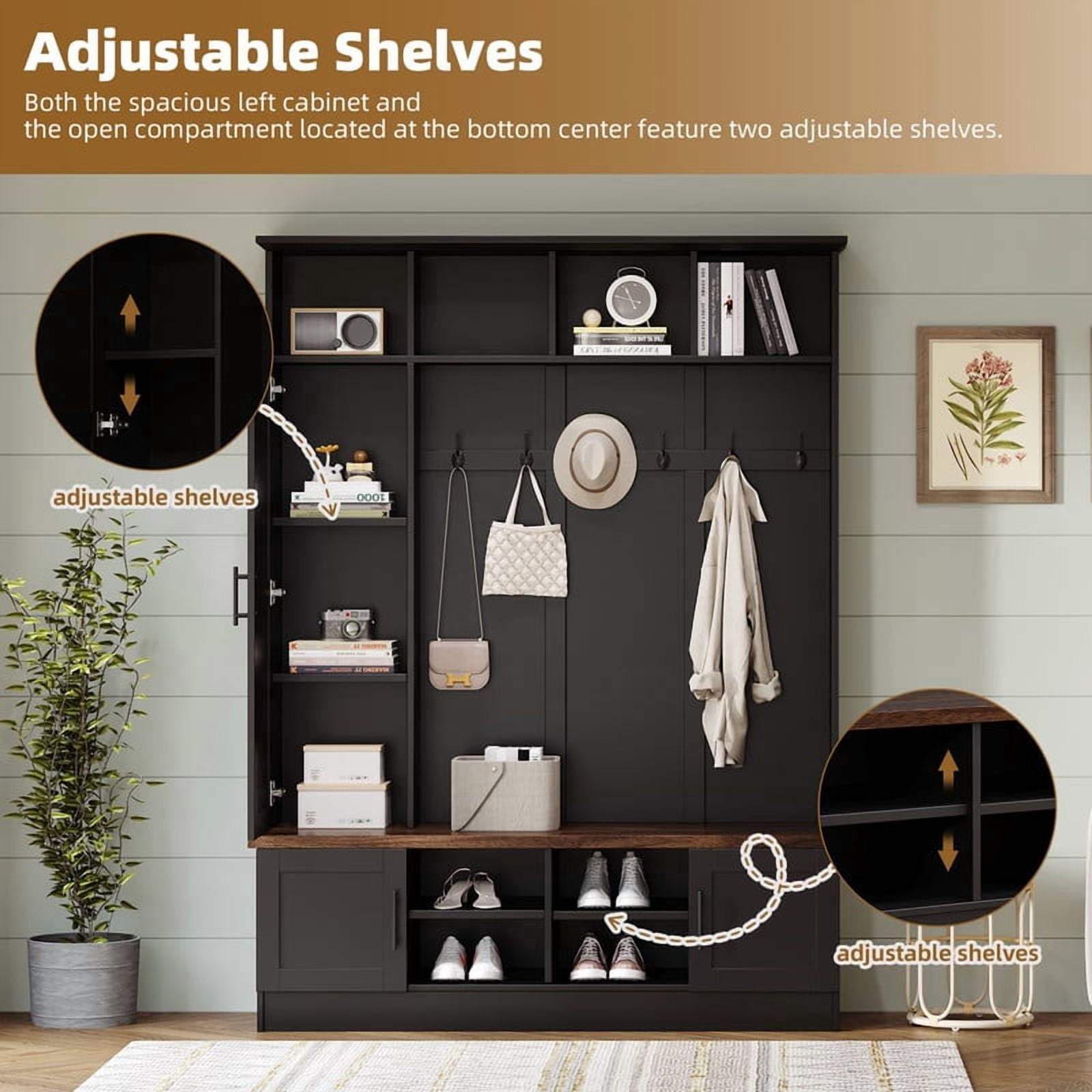 Farmhouse 3-in-1 Hall Tree with 6 Hooks, Entryway Coat Rack with Adjustable Shelves, Versatile Shoe Storage Bench with Open Cubbies