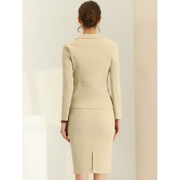 Conjunto de falda de traje de 2 piezas para mujer Blazer de manga larga informal de negocios y falda de tubo Caqui L Allegra K Traje Bodega Aurrera en linea