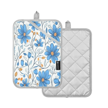 

2 Pcs Pot Holders Sets Oven Mitts Square Potholders Oven Hot Pads Heat Resistant for Kitchen Cooking Baking 7 x9.8 Blue Flowers with Orange Accents