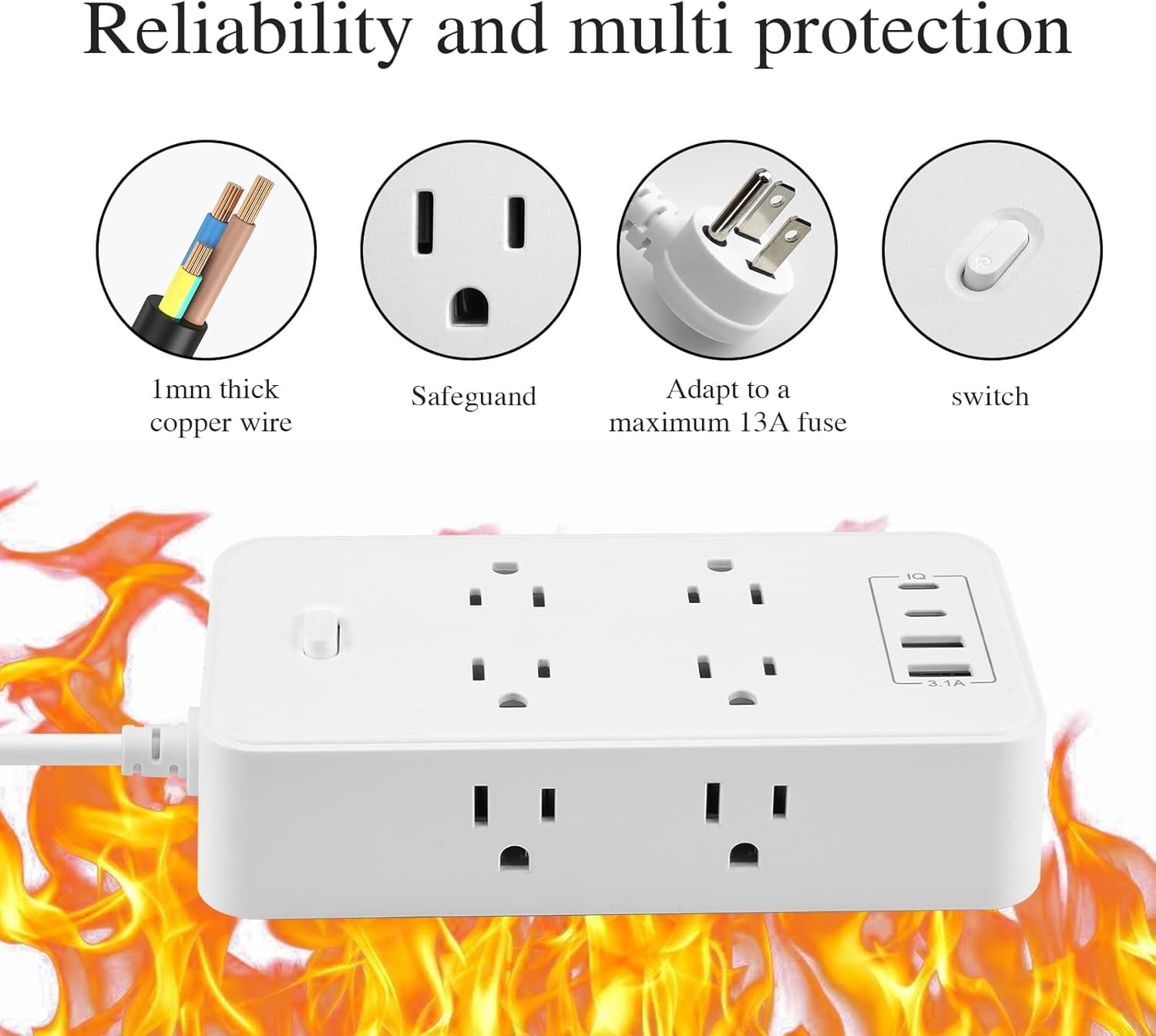 45° Flat Plug Power Strip with USB C, 6FT Extension Cord, 8 Outlets and 4 USB Ports (2 USB C 2 USB A), Multi Plug Outlet Extender with Surge Protection for Home Office Dorm - White